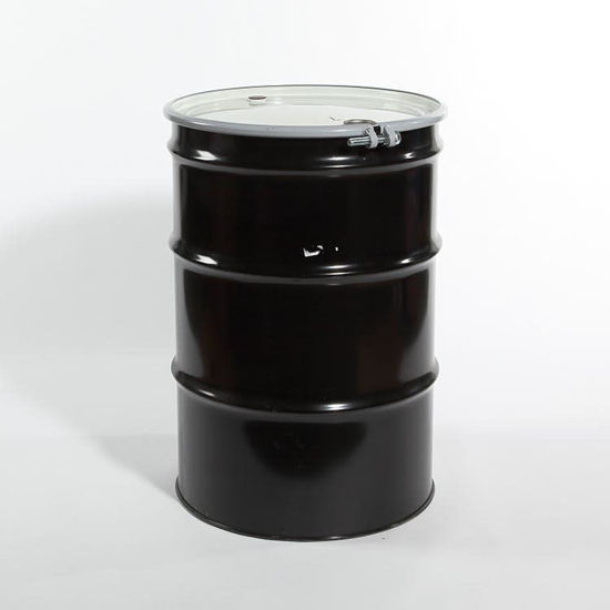Picture of 55 Gallon Black Steel Open Head Drum, Buff Epoxy Phenolic Lined w/ 2" and 3/4" Fittings,