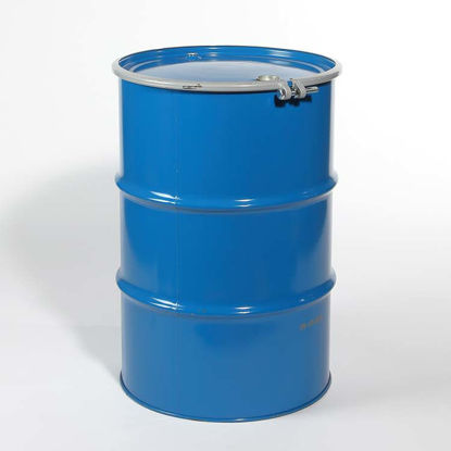 Picture of 55 Gallon Blue Steel Open Head Drum, Buff Epoxy Phenolic Lined w/ 2" and 3/4" Fittings