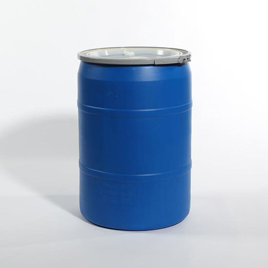 Picture of 30 Gallon Blue Plastic Open Head Drum w/  2" and 2" Fittings, UN Rated