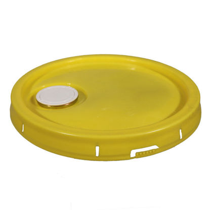 Picture of Yellow HDPE Tear Tab Cover for Plastic Pails 3.5 - 6 Gallons, Rieke Spout