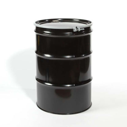 Picture of 55 Gallon Black Steel Open Head Drum, Buff Epoxy Phenolic Lined w/ Black Cover - 2" and 3/4" Fittings, UN Rated