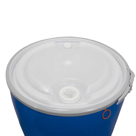 Picture of 57 GALLON BLUE PLASTIC HDPE OPEN HEAD DRUM W/ NATURAL COVER, 2"X3/4" FITTING, LEVER LOCK RING
