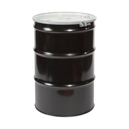 Picture of 55 Gallon Black Steel Open Head Drum, Buff Epoxy Phenolic Lined w/ White Cover- 2" and 3/4" Fittings, UN Rated