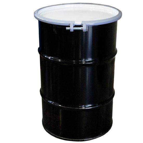 Picture of 30 Gallon Black Steel Open Head Drum with White Cover, Bolt Ring, Unlined, UN Rated