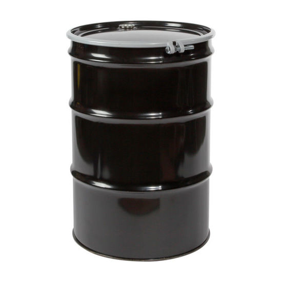 Picture of 55 Gallon Black Steel Open Head Drum, Phenolic Lined with 2" and 3/4" Fittings, UN Rated