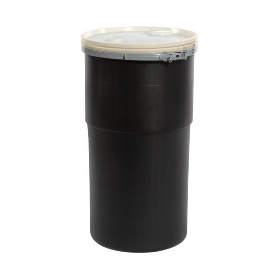 Picture of 14 GALLON BLACK PLASTIC OPEN HEAD NESTABLE DRUM W/ NATURAL COVER AND LEVER LOCK RING, UN RATED