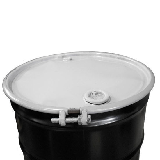 Picture of 55 Gallon Black Open Head Reconditioned Drum, White Cover, Unlined w/ 2" & 3/4" Fittings, Bolt Ring, UN Rated