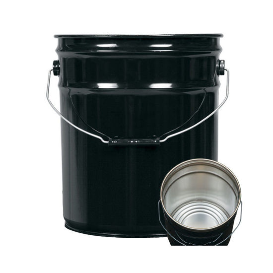 Picture of 5-Gallon Black Rust Inhibited Steel Open Head Pail, CWL Under Ear, Plain Lug Cover, Cover in Cartons, 24 Gauge, 3.5" Double Bead, UN Rated