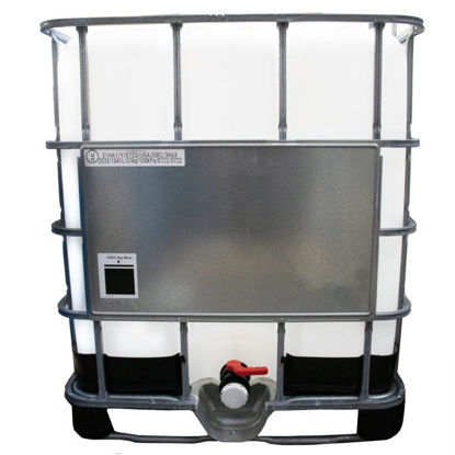 Picture of 275-GALLON NEW IBC TOTE NATURAL NEW BOTTLE, BALL VALVE, 2 METAL MPS, 6" BLACK TOP CAP W/ EPDM GASKET, NEW CAGE, HYBRID PALLET, UN RATED
