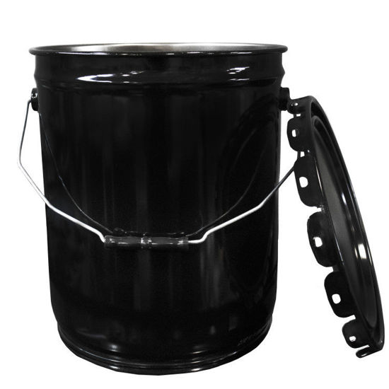 Picture of 5-Gallon Black Inhibited Steel Straight Side Open Head Pail, w/ Lug Cover, Flow in Gasket, Single Bead, UN Rated