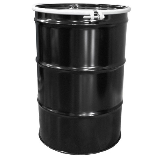 Picture of 55 Gallon Black Buff Steel Open Head Drum w/ Black Cover, 2" & 3/4" Tri-Sure Fitting, Bolt Ring, 3 Hoops, UN Rated