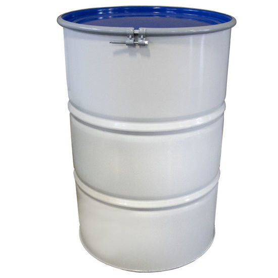 Picture of 55 Gallon White Steel Open Head Drum, Unlined, w/ Blue (#2728) Cover, Bolt Ring,  thickness of .8/.8/.8