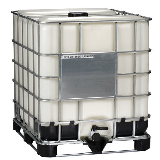 Picture of 275-GALLON NEW IBC TOTE NATURAL BOTTLE, 6" BLACK CAP, 2" VENT PLUG W/ VITON GASKET, 2" AND BALL VALVE, PTFE GASKET, STEEL CAGE HYBRID PALLET, UN RATED