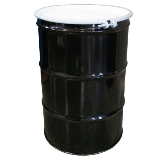 Picture of 55 GALLON BLACK INHIBITED STEEL OPEN HEAD DRUM, WHITE COVER, NO FITTING, BOLT RING, UN RATED