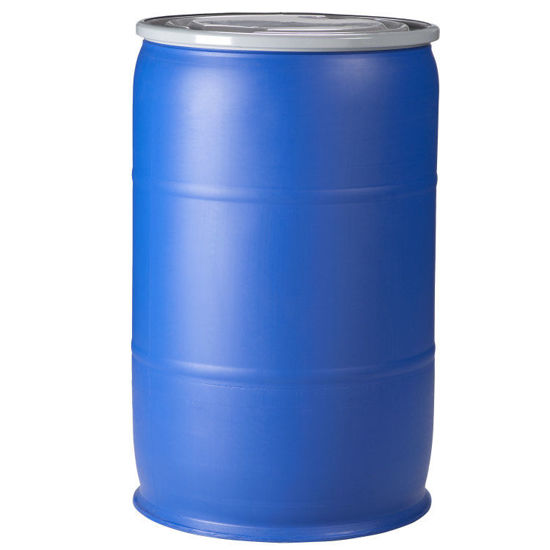 Picture of 57-GALLON EURO BLUE PLASTIC OPEN HEAD DRUM, W/ NATURAL COVER, 2" & 3/4" FITTING, LEVER LOCK RING, UN RATED