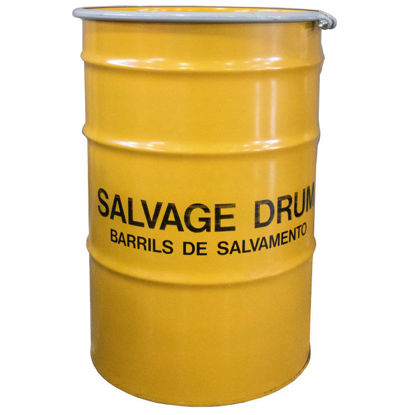 Picture of 85 Gallon Yellow Steel Open Head Drum, Phenolic Lined, Tubular Rubber Gasket, Bolt Ring, Printed SALVAGE, UN Rated