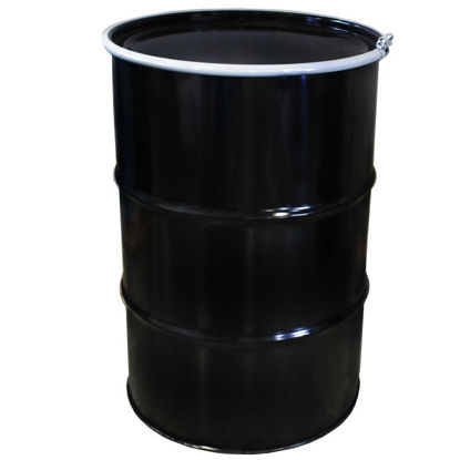 Picture of 55 Gallon Black Unlined Steel Open Head Drum, w/ Black Cover, No Fittings, Bolt Ring, UN Rated