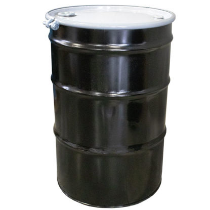 Picture of 55 Gallon Black Open Head Steel Reconditioned Drum, w/ White Cover, Unlined, 2" & 3/4"  Fitting, Bolt Ring, Side Bungs, UN Rated