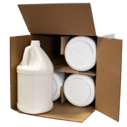 Picture of 128 oz White HDPE Industrial Plastic Round, 38-400, 4x1 in White Box w/ Divider, Necks Down