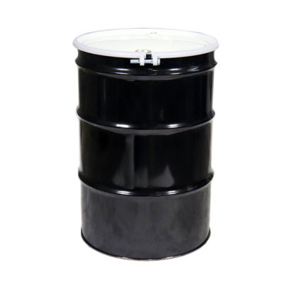 Picture of 55 Gallon Black Open Head Steel Drum, w/ White Cover, Olive Drab Phenolic Lined w/ 2" & 3/4" Tri-Sure Fittings, Bolt Ring