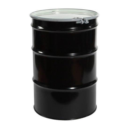 Picture of 55 Gallon Black Steel Open Head Drum, Bolt Ring, Unlined w/ 2" and 3/4" Fittings, UN Rated