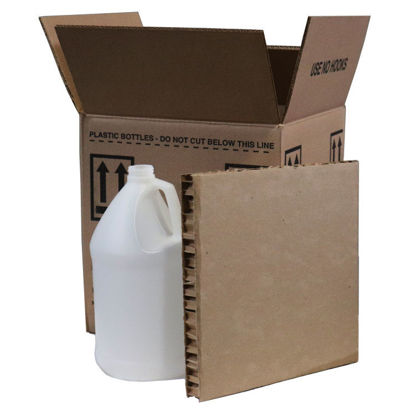 Picture of 128 oz Natural HDPE Plastic Industrial Round Bottle, 4x1 Kit, Kraft Box w/ Honey Comb Top Pad, 38-400 Neck Finish, 140 Gram Flame Treated, UN Rated