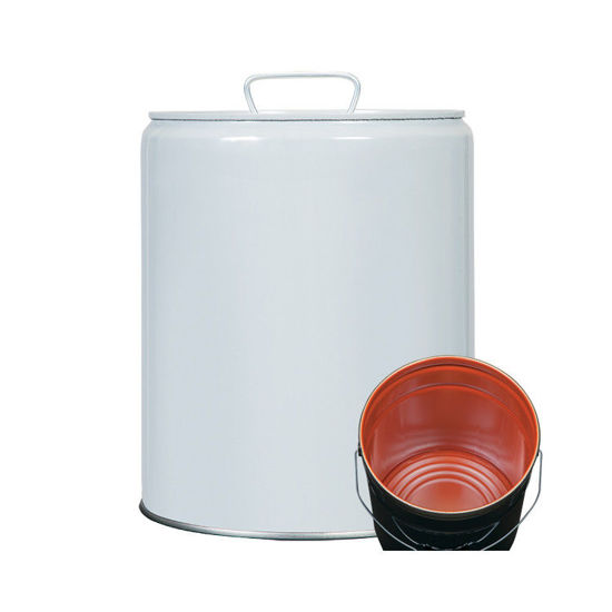Picture of 5 Gallon White Tight Head Steel Pail, Red Phenolic Lined w/ Dust Cap, UN Rated, Spouts in Separate Box