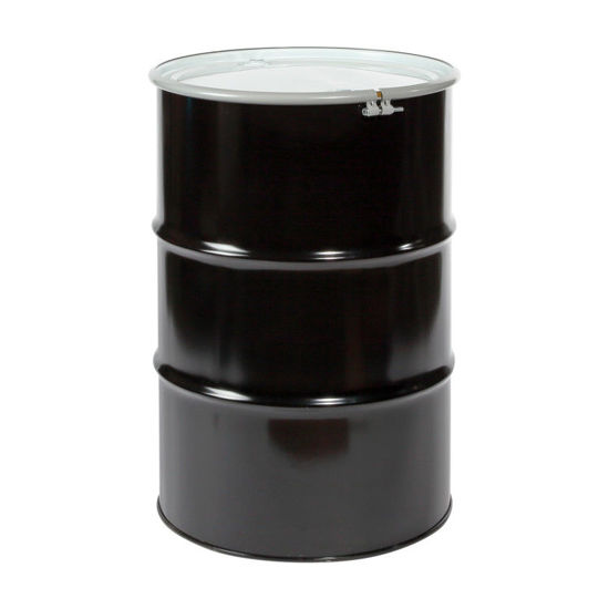Picture of 55 Gallon Black Steel Open Head Drum, White Cover, Olive Drab Lined with 2" and 3/4" Fittings, 5/8" Bolt Ring