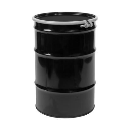 Picture of 30 Gallon Black Steel Open Head Drum, Black  Cover, Buff Epoxy Phenolic Lining w/ EPDM Gasket, 2" and 3/4" Fittings, Bolt Ring, UN Rated