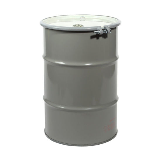 Picture of 30 Gallon Gray Steel Open Head Drum, White Cover, Unlined, 2" and 3/4" Fittings, Poly Irradiated Gasket, Bolt Ring, EPDM Gasket, UN Rated