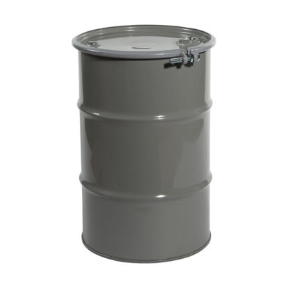 Picture of 30 Gallon Gray Steel Open Head Drum, Gray Cover, Unlined, w/ EPDM Gasket, 2" and 3/4" Fittings, Poly Irradiated Gasket, Bolt Ring, UN Rated