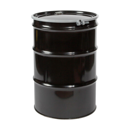 Picture of 55 Gallon Black Steel Open Head Drum, Black Cover, Tan Phenolic Lining L-5X, w/ Sponge Gasket, Bolt Ring, UN Rated