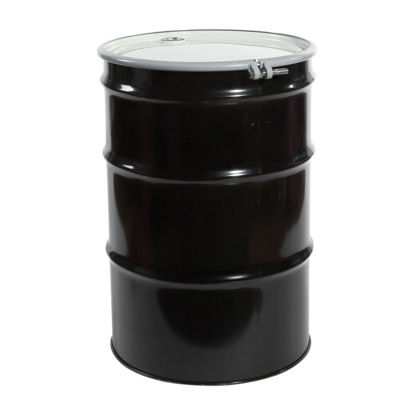 Picture of 55 Gallon Black Steel Open Head Drum, White Cover w/ Low Density Gasket, w/ 2" and 3/4" Fittings, Poly Irradiated Gasket, Unlined, UN Rated