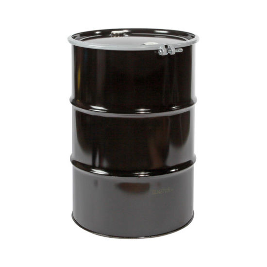 Picture of 55 Gallon Black Steel Open Head Drum, Black Cover, Red Phenolic Lined w/ 2" and 2" Nylon Plugs, Bolt Ring, UN Rated
