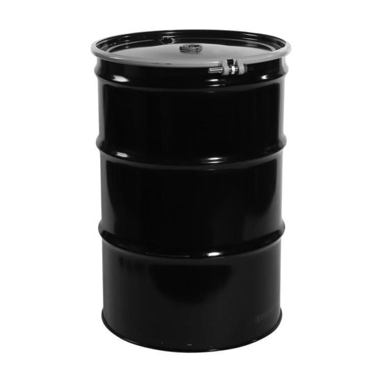 Picture of 55 Gallon Black Steel Open Head Drum, Black Cover, Red Phenolic Lining w/ 2" and 3/4" Fittings, UN Rated