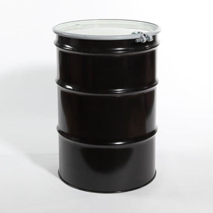 Picture of 55 Gallon Black Steel Open Head Drum, Buff Epoxy Phenolic Lined w/ 2" and 3/4" Fittings, Gray Cover w/ EPDM Gasket, Poly Irradiated Gasket, Bolt Ring