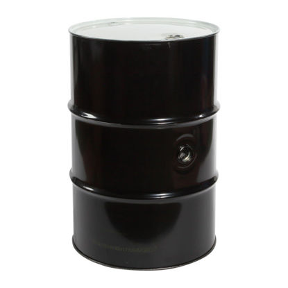 Picture of 55 Gallon Black Steel Tight Head Drum, Rust Inhibited Lining, White Cover,  w/ 2" and 3/4" Fittings, EPDM Gaskets, 2" Fitting on Side, UN Rated