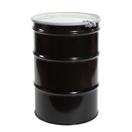 Picture of 55 Gallon Black Steel Open Head Drum, Unlined, White Cover, w/ 2" and 3/4" Tri-Sure Fitting, EPDM Gasket, Bolt Ring, UN Rated