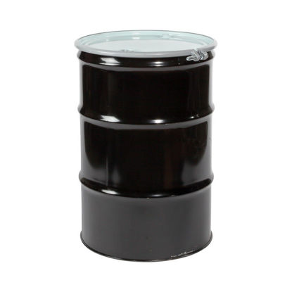 Picture of 55 Gallon Black Steel Open Head Drum, Unlined, Black Cover w/ Sponge Gasket, w/ 2" and 3/4" Fitting, Bolt Ring, UN Rated