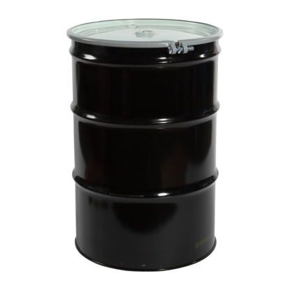 Picture of 55 Gallon Black Steel Open Head Drum, Red Phenolic Lining, White Cover, w/ EPDM Gasket, 2" and 3/4" Fitting, Bolt Ring, UN Rated