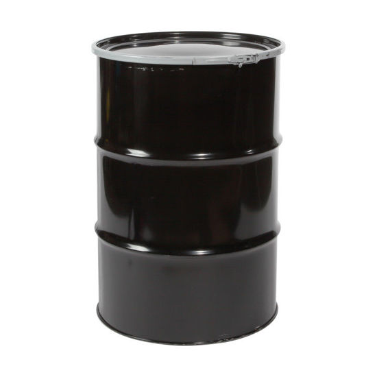Picture of 55 Gallon Black Steel Open Head Drum, Unlined, Black Cover, Lever Lock Ring, UN Rated