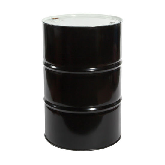 Picture of 55 Gallon Black Steel Tight Head Drum, Unlined, White Cover, w/ 2" and 3/4" Tri-Sure Fittings, EPDM Gasket, UN Rated