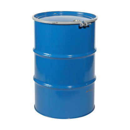 Picture of 55 Gallon Blue Steel Open Head Drum, 2 Hoops, Buff Epoxy Phenolic Lining, Blue Cover, w/ 2" and 3/4" Fittings, EPDM Gasket, Bolt Ring, UN Rated