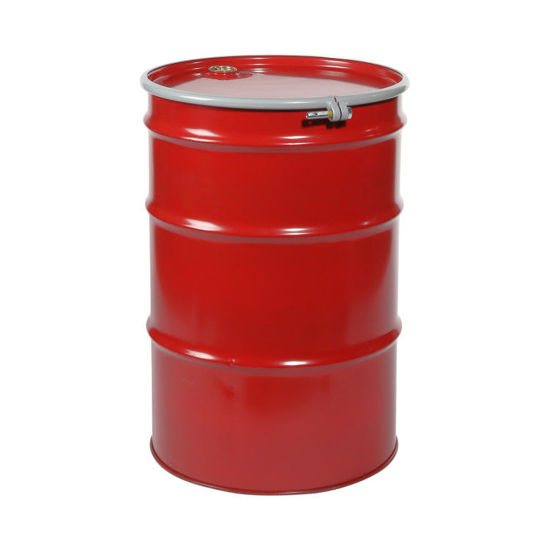Picture of 55 Gallon Red Steel Open Head Drum, Unlined, Red Cover, w/ 2" and 3/4" Fittings, Poly Irradiated Gasket, UN Rated