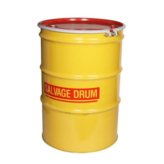 Picture of 85 Gallon Yellow Steel Open Head Drum, Printed in Red "Salvage", Unlined, Red Cover, w/ 3/4" Tri-Sure Fitting, EPDM Gasket, Bolt Ring, UN Rated