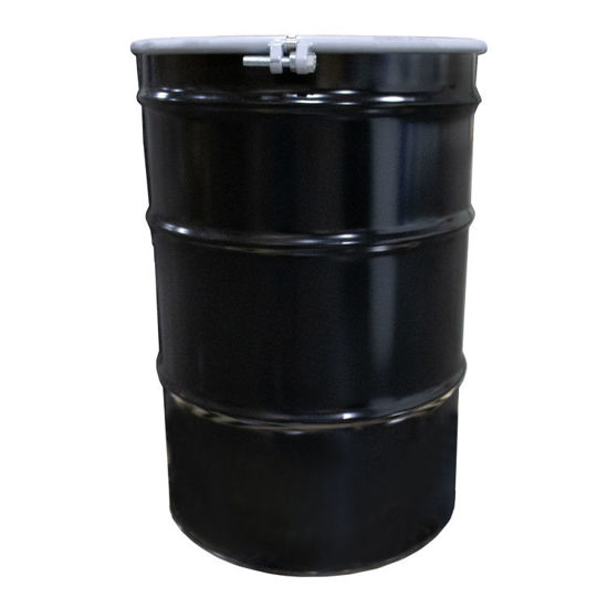Picture of 55 Gallon Black Steel Open Head Drum, Unlined, White Cover, 2" x 3/4" Tri-Sure, Bolt Ring, UN Rated