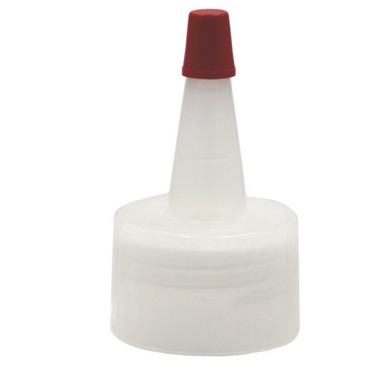 Picture of 28 mm, 28-410 Natural LDPE Plastic Yorker Cap, 0.03" Orifice, Heat Seal w/ Red Sealer Tip