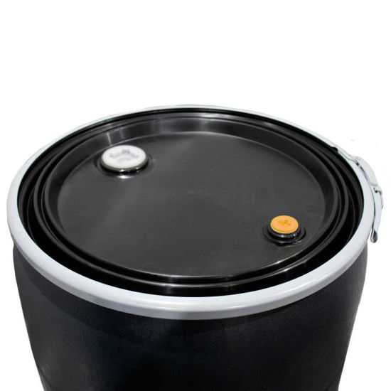 Picture of 57 GALLON BLACK HDPE PLASTIC OPEN HEAD DRUM W/ 2"X3/4" FITTING, UN FOR SOLIDS, LEVER LOCK RING