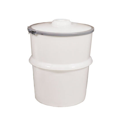 Picture of 25 Gallon Natural Plastic Dak Pak,  w/ Natural Cover, 1-4" fitting in middle w/ metal lever lock ring, UN Rated