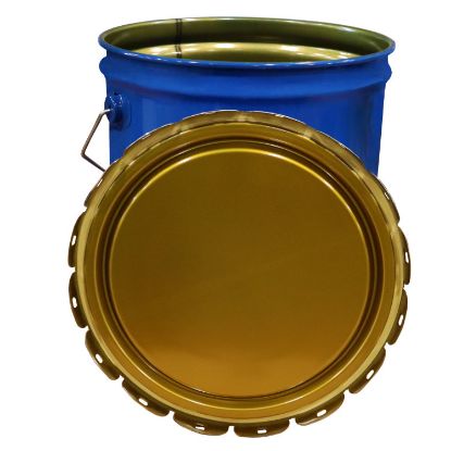 Picture of 5 Gallon Blue Straight Side Steel Open Head Pail, Single Bead, Clear Phenolic Lining, w/ Blue Lug Cover, Flow in Gasket, CWL Label, UN Rated